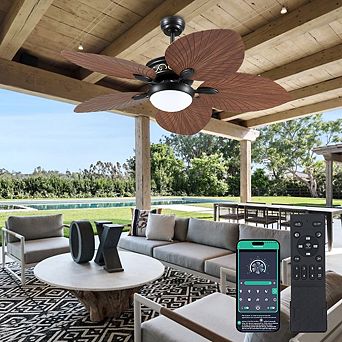 Tropical Palm Leaf Ceiling Fan with LED Light, DC Motor, App and Remote, Indoor Outdoor Use