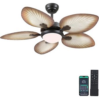 Tropical Palm Leaf Ceiling Fan with LED Light, DC Motor, App and Remote, Indoor Outdoor Use