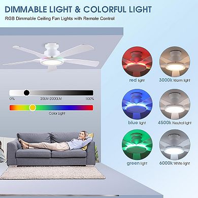 52 Inch Smart RGB Ambient Ceiling Fan ,Low Profile,Quiet DC Motor,App Remote Control