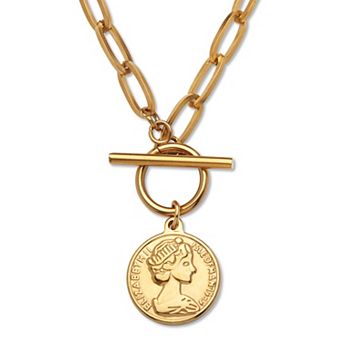 Gold Ion-Plated Stainless Steel Coin Pendant Paperclip Lariat Necklace,19 Inches
