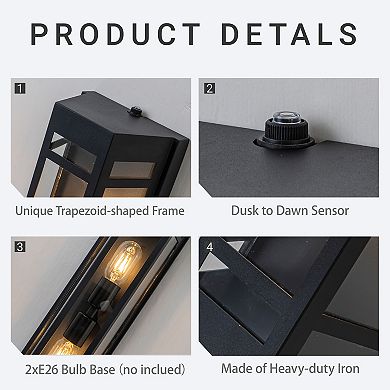 H20 Inch Outdoor Wall Light with Dusk-to-Dawn Sensor Modern Exterior Sconce with Clear Tempered Glas