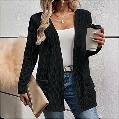 Women Open Front Cardigan Long Sleeves Casual Long Lightweight Fall Sweaters with Pockets