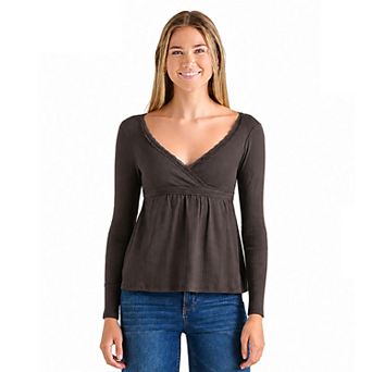 Juniors' madden girl Long Sleeve Surplice Lace Trim Babydoll Top