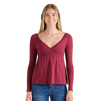 Juniors' madden girl Long Sleeve Surplice Lace Trim Babydoll Top