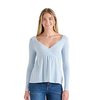 Juniors' madden girl Long Sleeve Surplice Lace Trim Babydoll Top