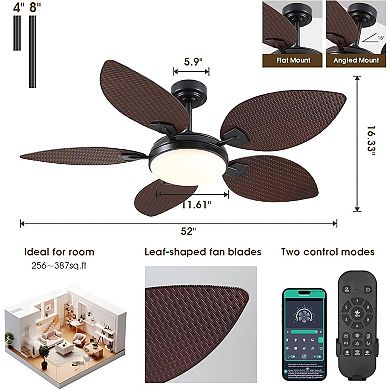 Tropical Palm Leaf Ceiling Fan with Light Remote App Control Reversible Airflow