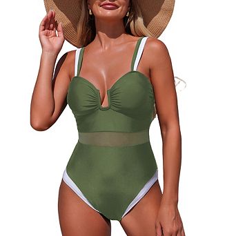 Women's V-Neck Mesh Panel Halter 1 pc Swimsuit Sheer Sleeveless Monokini Bathing Suit