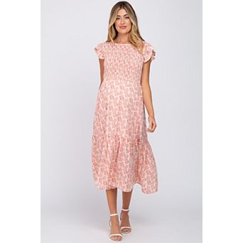 Maternity Leaf Print Smocked Ruffle Sleeve Midi Dress