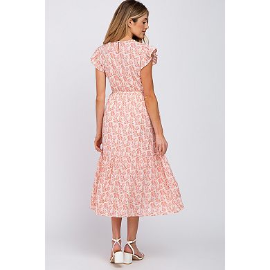 Maternity Leaf Print Smocked Ruffle Sleeve Midi Dress