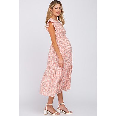 Maternity Leaf Print Smocked Ruffle Sleeve Midi Dress