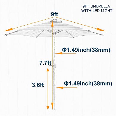 WOW PIONEER Large Outdoor Patio Umbrella with Solar Lighting and Push-Button Tilt