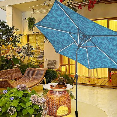 WOW PIONEER Large Outdoor Patio Umbrella with Solar Lighting and Push-Button Tilt