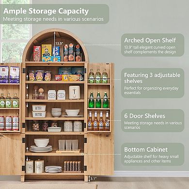 71" Tall Arched Kitchen Pantry, Modern Storage Cabinet with 3 Adjustable Shelves, 6 Door Shelves