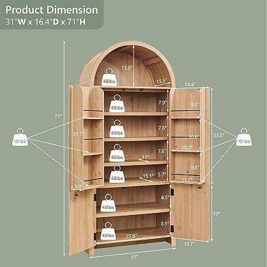 71" Tall Arched Kitchen Pantry, Modern Storage Cabinet with 3 Adjustable Shelves, 6 Door Shelves