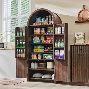 71" Tall Arched Kitchen Pantry, Modern Storage Cabinet with 3 Adjustable Shelves, 6 Door Shelves