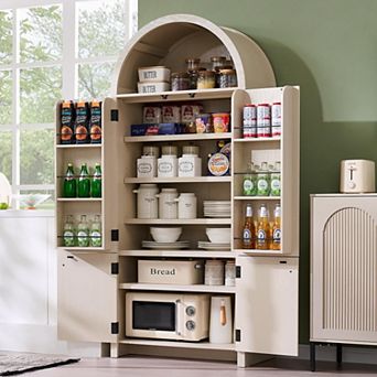 71" Tall Arched Kitchen Pantry, Modern Storage Cabinet with 3 Adjustable Shelves, 6 Door Shelves