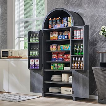 71" Tall Arched Kitchen Pantry, Modern Storage Cabinet with 3 Adjustable Shelves, 6 Door Shelves
