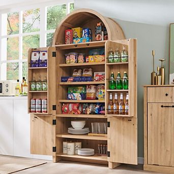 71" Tall Arched Kitchen Pantry, Modern Storage Cabinet with 3 Adjustable Shelves, 6 Door Shelves