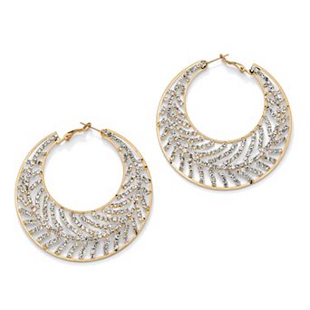 Round Crystal Goldtone Leaf Hoop Earrings 2 1/3"