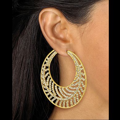 Round Crystal Goldtone Leaf Hoop Earrings 2 1/3"