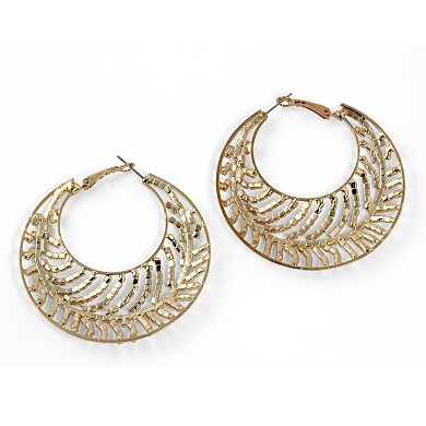 Round Crystal Goldtone Leaf Hoop Earrings 2 1/3"