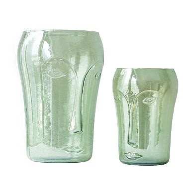 TOEMOA Set of Two Handcrafted Glass Vases with Abstract Face Decor