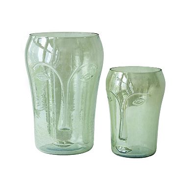 TOEMOA Set of Two Handcrafted Glass Vases with Abstract Face Decor