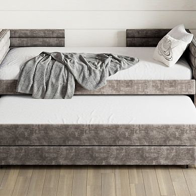 GOODSILO Twin Size Upholstered Daybed with Trundle and Three Storage Drawers