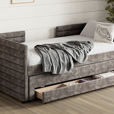 GOODSILO Twin Size Upholstered Daybed with Trundle and Three Storage Drawers
