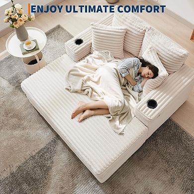 54" Oversized Indoor Chaise Lounge Chair, Comfy Corduroy Upholstered Sleeper Sofa Bed