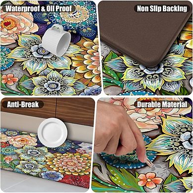 Boho Floral Memory Foam Kitchen Mat Set of Two