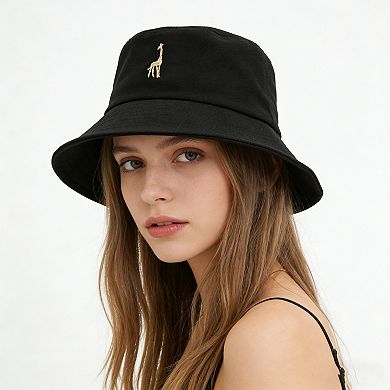 Cotton Bucket Hat with Embroidered Giraffe Casual Sun Hat