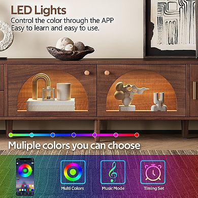 Rattan TV Stand with 3 Cabinets & 2 Drawers Media Console Table for TVs up to 80" with LED Light