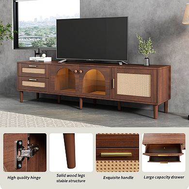 Rattan TV Stand with 3 Cabinets & 2 Drawers Media Console Table for TVs up to 80" with LED Light