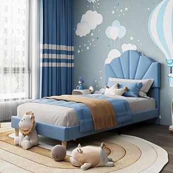 Twin Bed Frame, Velvet Upholstered Platform Bed Frame with Height Adjustable Headboard for Boys