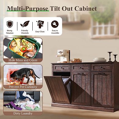 Farmhouse Tilt Out Laundry Cabinet, Hidden Hamper & Trash with Drawers for Laundry Room Organization