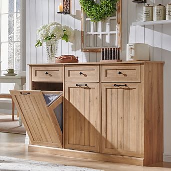 Farmhouse Tilt Out Laundry Cabinet, Hidden Hamper & Trash with Drawers for Laundry Room Organization