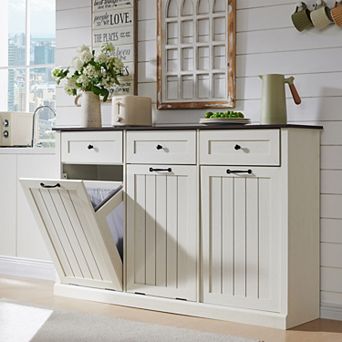 Farmhouse Tilt Out Laundry Cabinet, Hidden Hamper & Trash with Drawers for Laundry Room Organization