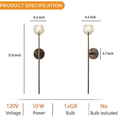 H28" 1-Light Antique Bronze Vertical Wall Lamp with Faceted K9 Crystal Shade Modern Crystal Wall Sco