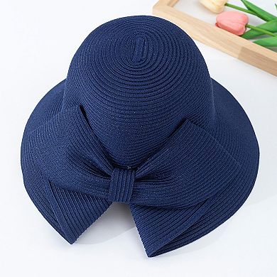 Womens Wide Brim Straw Sun Hat with Oversized Bow Detail and Adjustable Inner Band