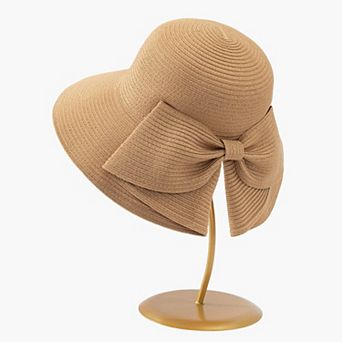 Womens Wide Brim Straw Sun Hat with Oversized Bow Detail and Adjustable Inner Band