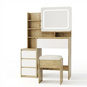 Vanity Desk with Mirror, Makeup Table with 4 Drawers, Stool, Dressing Table for Bedroom