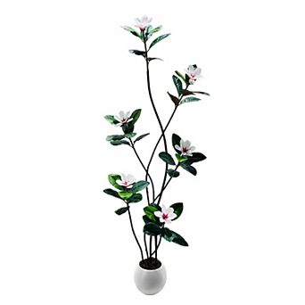 S-Shape Artificial Rubber Tree with White Planter, Faux Plants Artificial Trees with Magnolia Flower