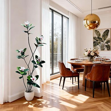 S-Shape Artificial Rubber Tree with White Planter, Faux Plants Artificial Trees with Magnolia Flower