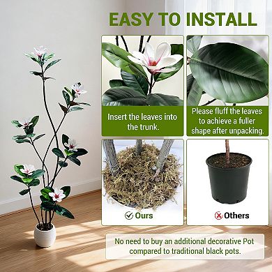 S-Shape Artificial Rubber Tree with White Planter, Faux Plants Artificial Trees with Magnolia Flower