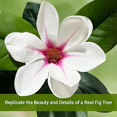 S-Shape Artificial Rubber Tree with White Planter, Faux Plants Artificial Trees with Magnolia Flower