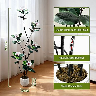 S-Shape Artificial Rubber Tree with White Planter, Faux Plants Artificial Trees with Magnolia Flower