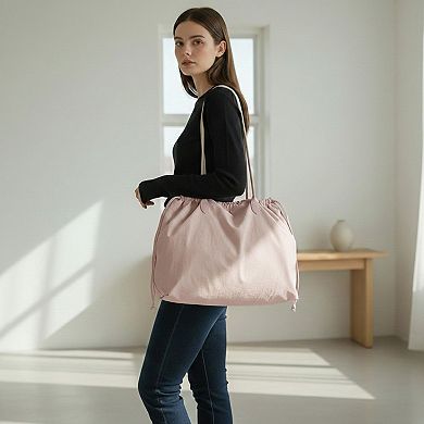 Women's Nylon Drawstring Shoulder Tote Bag with Soft Slouchy Silhouette and Long Carry Straps