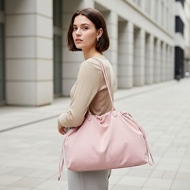 Women's Nylon Drawstring Shoulder Tote Bag with Soft Slouchy Silhouette and Long Carry Straps