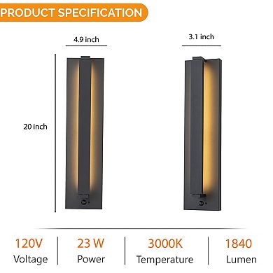 H20" Modern Motion Sensor Outdoor Wall Light 23W Integrated LED Wall Sconce in Matte Black Iron Larg